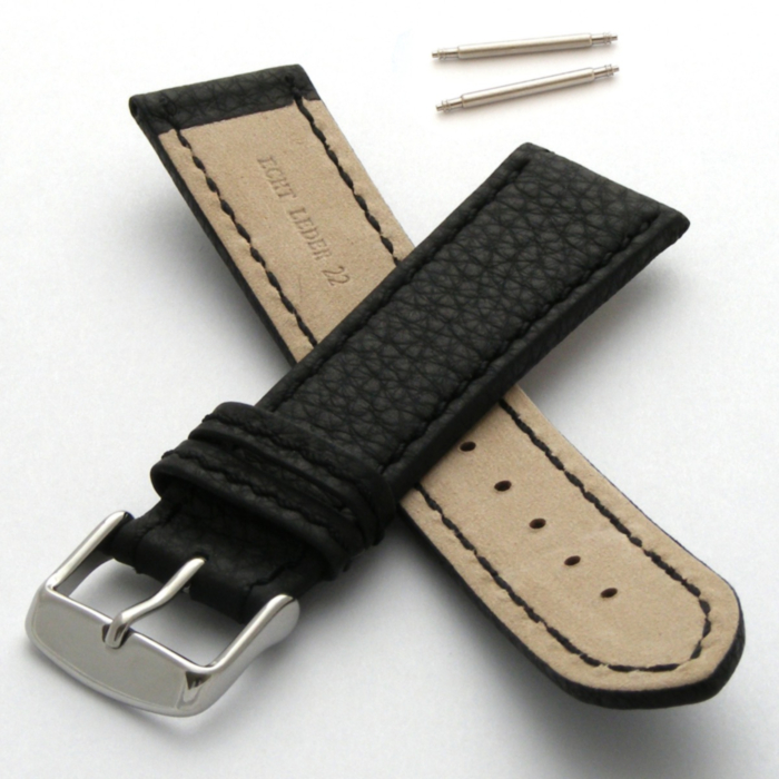 Watch Straps in Genuine Leather - Grained & Stitched - (Montreux Black 26mm)